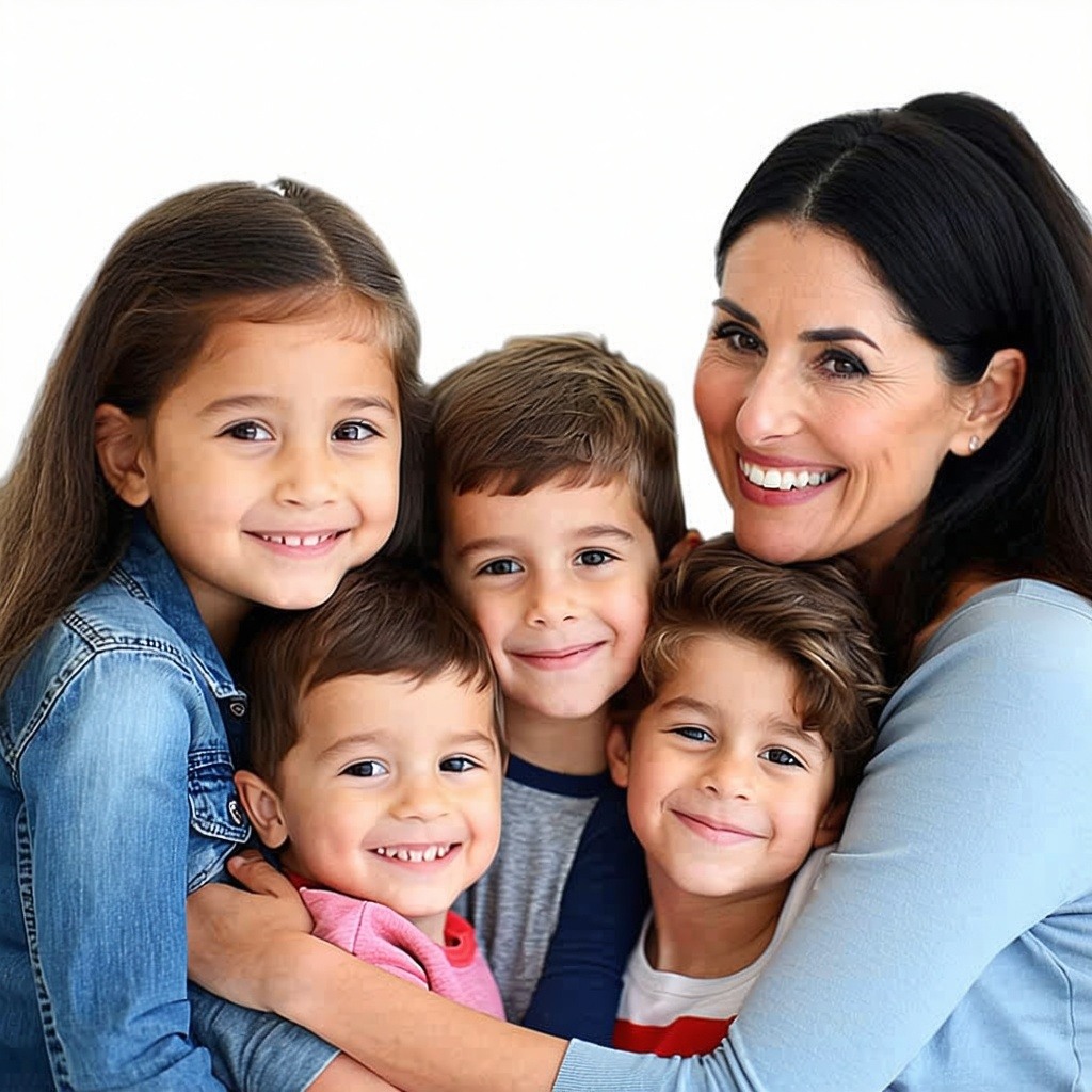 a realistic picture with kids that are hugged by some adults